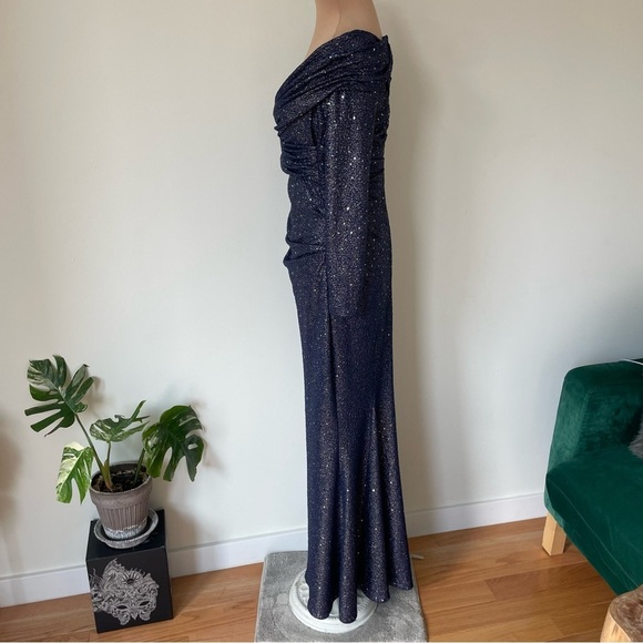 Talbot Runhof Mermaid Royal Navy Glitter Sequin Off The Shoulder Metallic Gown 8 - Picture 4 of 12